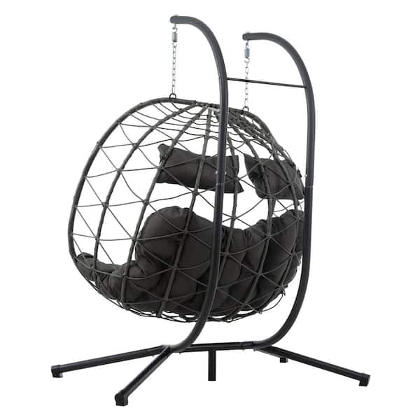Cesicia 2-Person Wicker Egg Chair Porch Swing with Blue Dark Gray Cushion and Stand