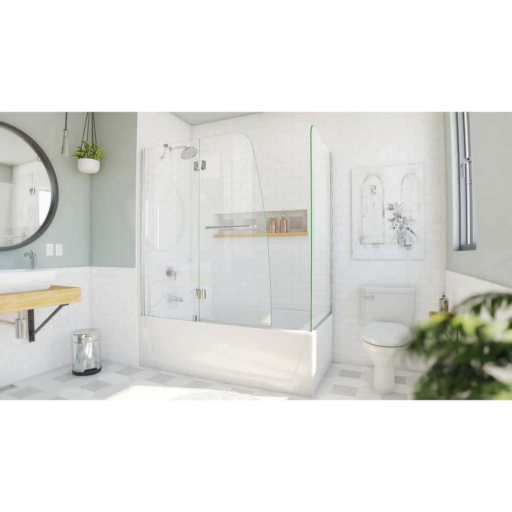 Aqua Frameless Clear Glass Hinged Tub Door with Brushed Nickel Hardware