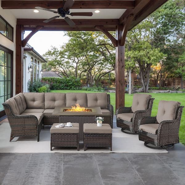 Brown 6-Piece Wicker Patio Fire Pit Set, Outdoor Sectional Seating Set with Olefin Gray Cushions and Swivel Rockers