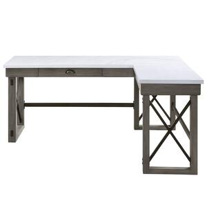 67 in. L-Shaped Weathered Gray 1 Drawer Writing Desk with Marble Top