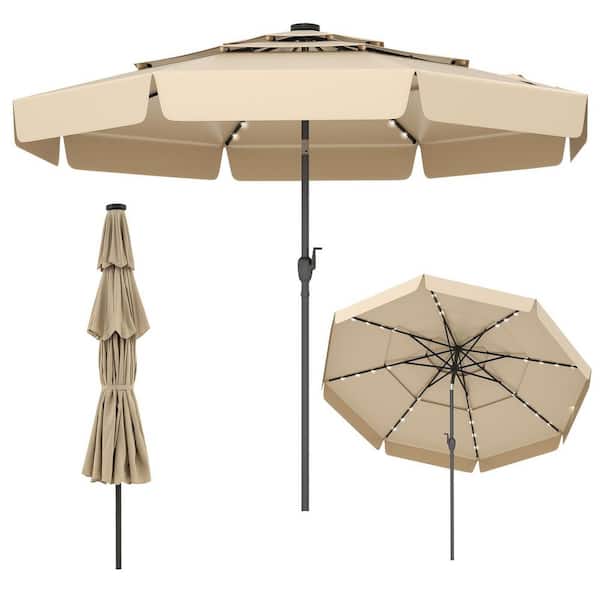 10 ft. Steel Market Solar Patio Umbrella with 3-Tier Vented Top and 32 LED Lights in Beige