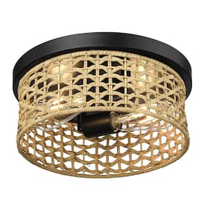 12 in. 2-Light Black Flush Mount Ceiling Light with Rattan Shade No Bulbs Included