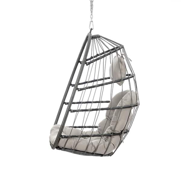 Miscool Anky 29.2 in. W 1-Person Brown Wicker Porch Swing Hanging Egg Chair with Gray Cushions