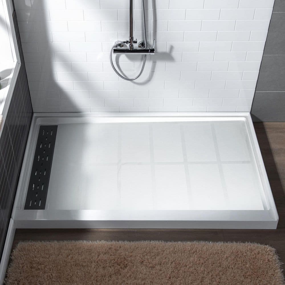 White Rectangular Shower Pan with Matte Black Drain Cover