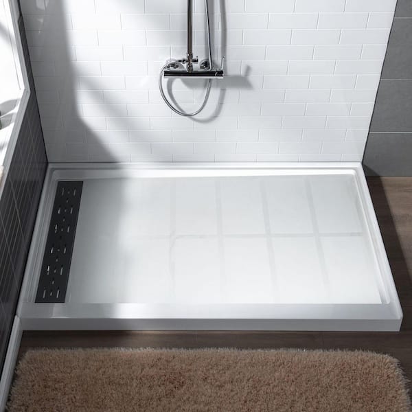 Krasik 48 in. L x 36 in. W Alcove Solid Surface Shower Pan Base with Left Drain in White with Matte Black Cover