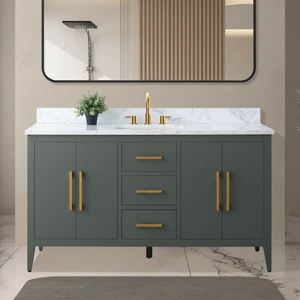 60 in. W x 22 in. D x 34 in. H Single Sink Bathroom Vanity Cabinet in Vintage Green with Engineered Marble Top in White