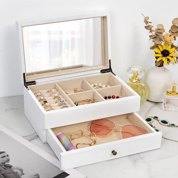 White 2 Layer Rectangular Rustic Wooden Jewelry Box with Mirror