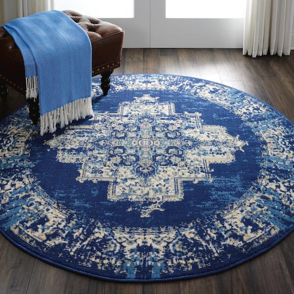 Grafix Navy Blue 5 ft. x 5 ft. Persian Medallion Transitional Round Rug