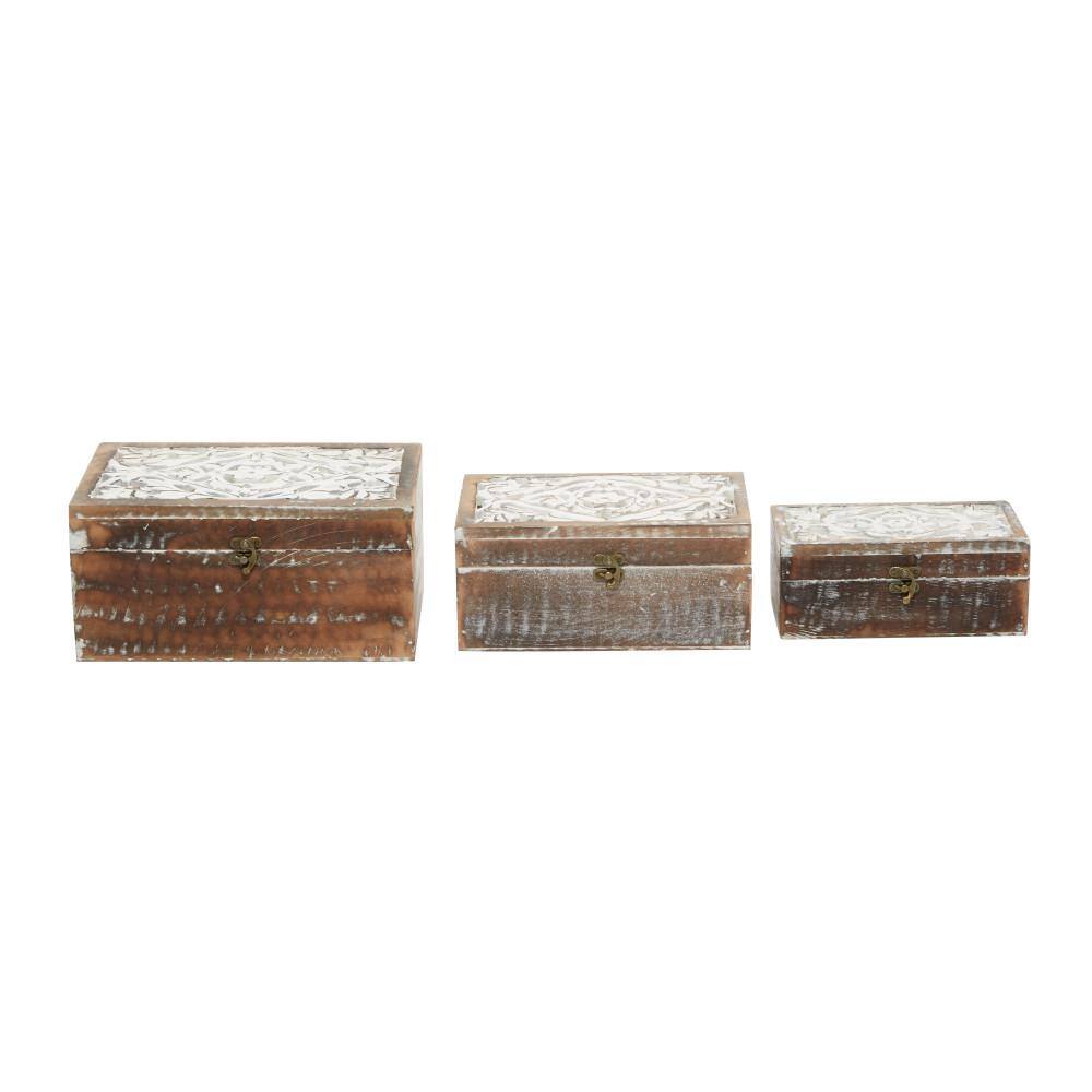 Handmade Brown Mango Wood Floral Decorative Box Set with Hinged Lid