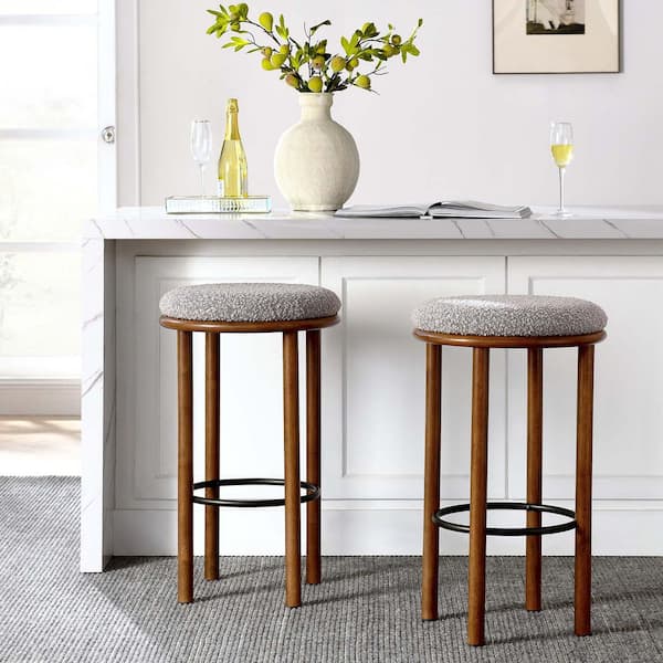 Fable 29.9 in Walnut Taupe Backless Wood Bar Stool with Upholstery Set of 2