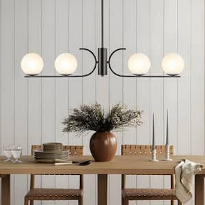 4-Light Matte Black Linear Pendant Light with Opal Glass Shades, Modern Kitchen Island Lighting for Dining Room