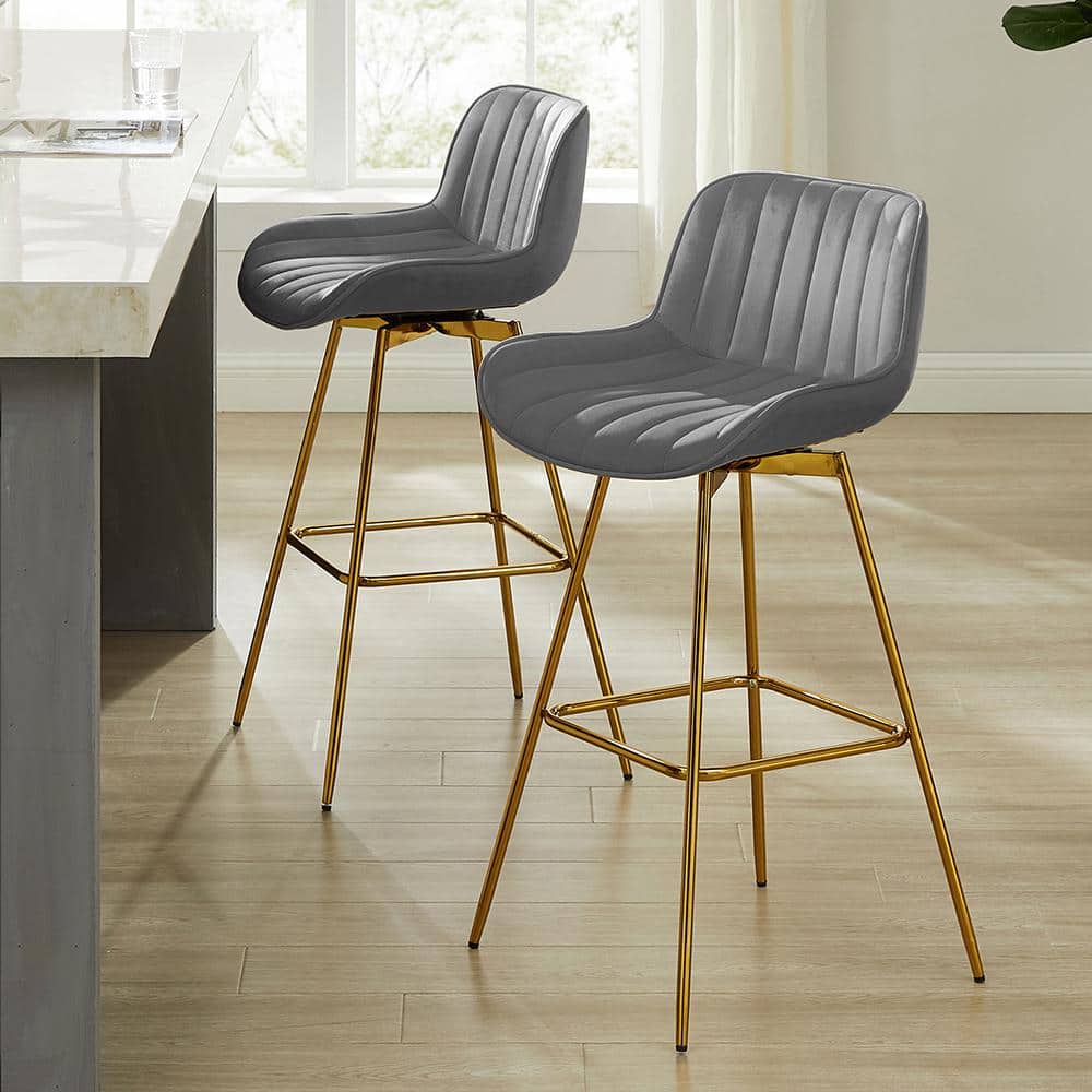 Luxurious Gray Velvet & Gold-Plated Swivel Bar Stool Set