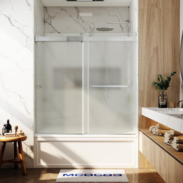 MCOCOD 56-60.75 in. W x 66 in. H Double Sliding Frameless Soft Close Tub Door in Brushed Nickel with 3/8 in. Frosted Glass