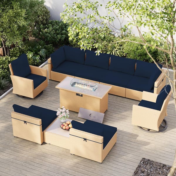 UPHA 10-Piece Yellow Wicker Patio Fire Pit Conversation Set with Swivel Chairs and Blue Cushions