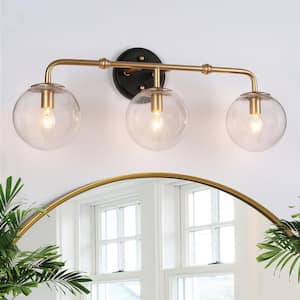 Cllenqy Modern 22 in. 3-Light Vintage Gold Linear Vanity Light with Matte Black Accents and Seeded Glass Globe Shades