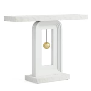 Turrella 39 in. White Rectangle Faux Marble Console Table Modern Sofa Table Narrow Entryway Table with Geometric Base