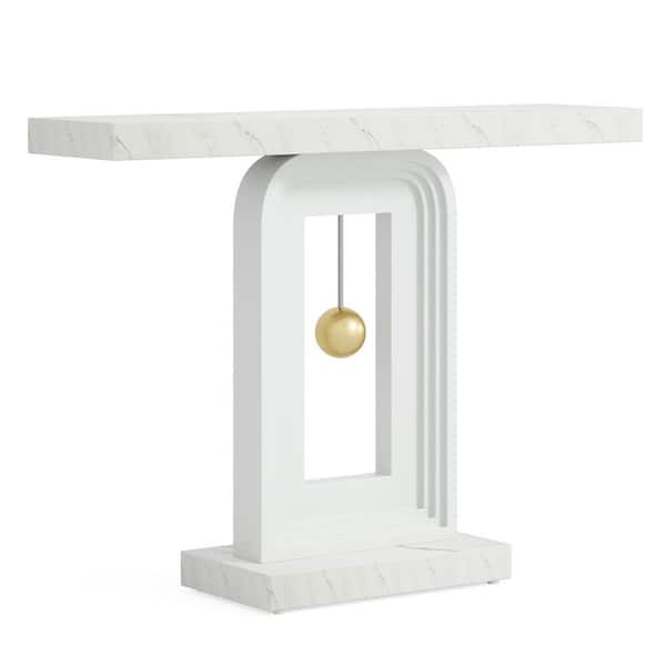 BYBLIGHT Turrella 39 in. White Rectangle Faux Marble Console Table Modern Sofa Table Narrow Entryway Table with Geometric Base