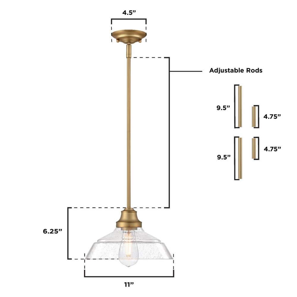 Brushed Brass Vintage Pendant Light with Clear Seeded Glass Shade
