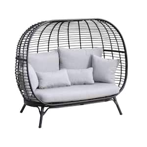 Clark Black Wicker Outdoor 2-Person Egg Chair Loveseat with Gray Cushions