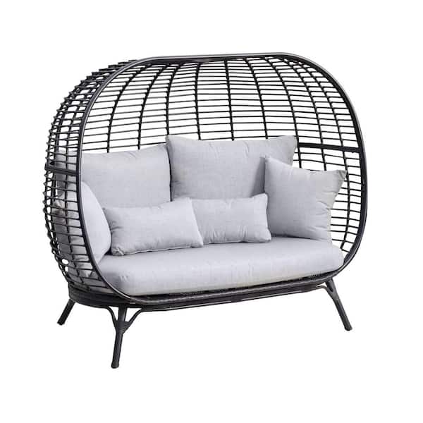 Royal Garden Clark Black Wicker Outdoor 2-Person Egg Chair Loveseat with Gray Cushions
