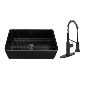 Fireclay 30 in. Single Bowl Farmhouse Apron Kitchen Sink with Pull Down Kitchen Faucet and Accessories