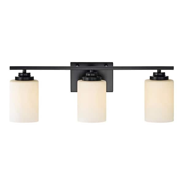 Aliana 22 in. 3-Light Matte Black Modern Vanity Light with Etched White Glass Shades