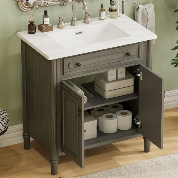 31 in. Freestanding Antique Gray Bath Vanity with White Ceramic Top Bathroom Door Storage Cabinet Unassembled