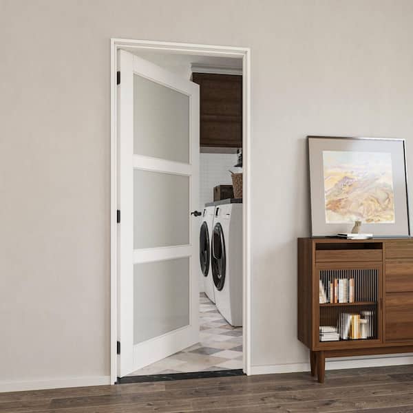 32 in. x 80 in. 3-Lite Frosted Glass Left Handed White Solid Core MDF Door with Quick Assemble Jamb Kit