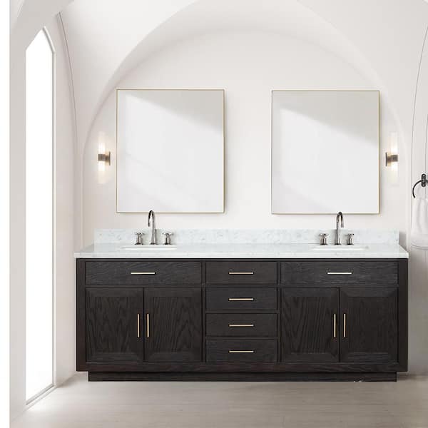 Lexora Condor 84 in W x 22 in D Black Oak Double Bath Vanity, Carrara Marble Top, and 36 in Mirrors
