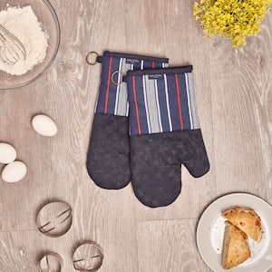Navy Multi Stripe 100% Cotton Oven Mitts With Silicone Grip (Set of 2)