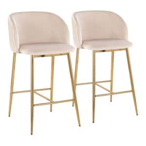 Fran Pleated 36 in. White Velvet and Gold Metal High Back Counter Height Bar Stool (Set of 2)