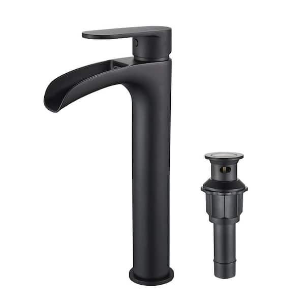 Waterfall Single Handle Bathroom Faucet with Metal Pop-Up Drain in Matte Black
