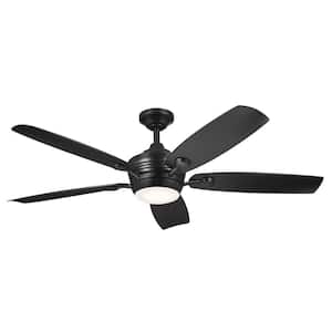 Tranquil 56 in. Indoor/Outdoor Satin Black Downrod Mount Ceiling Fan with Integrated LED with Remote Control