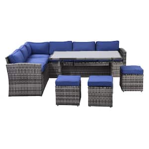 7-Piece Gray Wicker Outdoor Sectional Sofa Set with Dining Table, Ottomans, Thick Blue Cushions for Garden