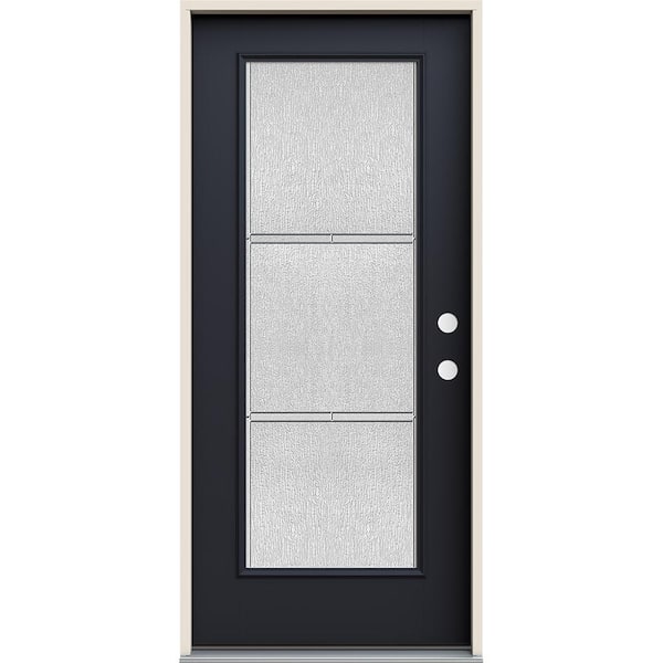 36 in. x 80 in. Left-Hand Full Lite Eastfield Decorative Glass Black Paint Fiberglass Prehung Front Door