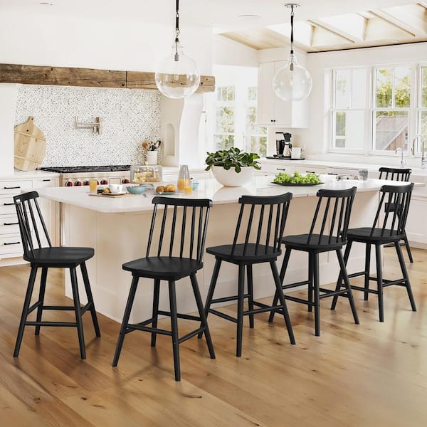 Windsor 24 in. Black Swivel Counter Stools Solid Wood Counter Height Bar Stools Set of 6