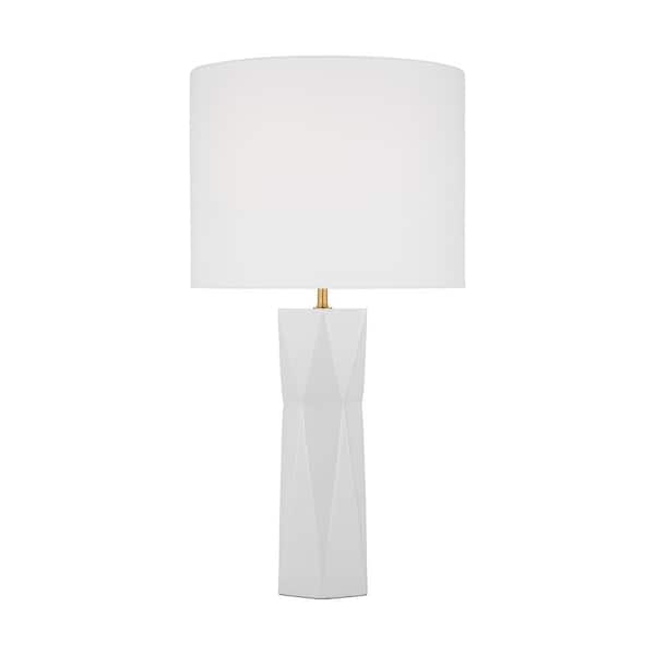 SCOTT LIVING Fernwood 26 .5 in. Gloss White Medium Table Lamp with White Linen Fabric Shade