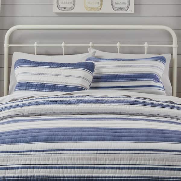 StyleWell Lockwood 3-Piece Blue Printed Stripe Cotton Full/Queen Quilt Set  YSH21-PPB-017 - The Home Depot