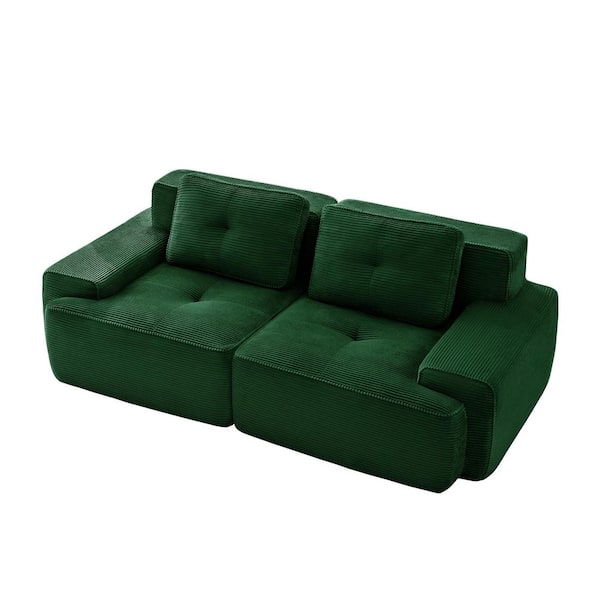 82 in Modern Straight Arm Corduroy L-Shaped Modular Sectional Sofa 2-Seater Couch Pearl-Like Piping in Green
