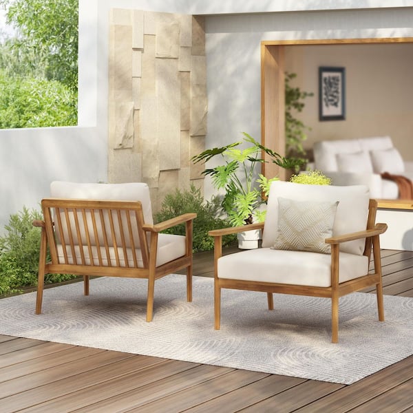 Red Barrel Studio® Set Of 2, Acacia Wood Outdoor Club Chair, Deep Seating With Soft Cushion, Porch Chairs For Garden, Backyard Porch Balcony, Teak Finish & Beige Cushion