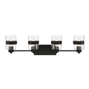 Midnight LA 33 in. 4-Light Matte Black Modern Vanity with Clear Glass Dual Shades