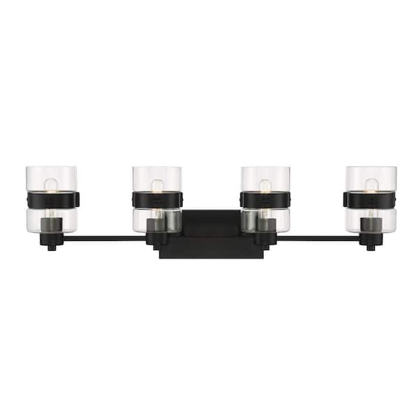 Midnight LA 33 in. 4-Light Matte Black Modern Vanity Light with Clear Glass Dual Shades