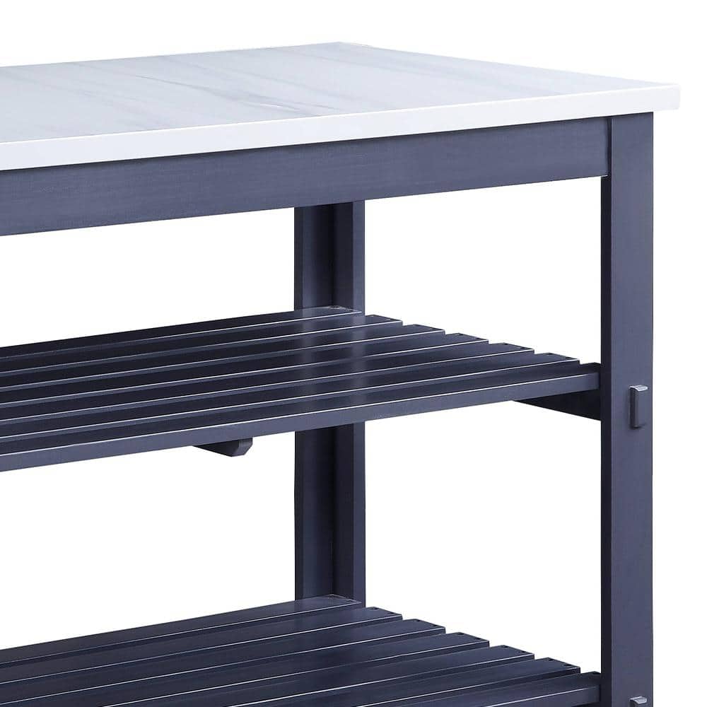 Gray Wooden Kitchen Island with Marble Top and Shelves