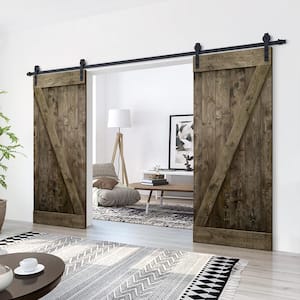 Z Series 84 in. x 84 in. Dark Coffee Stained Solid Knotty Pine Wood Interior Double Sliding Barn Door with Hardware Kit
