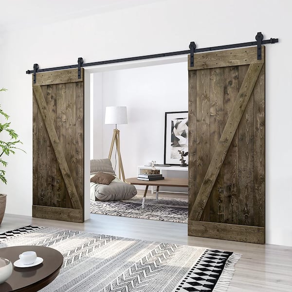 Z Series 84 in. x 84 in. Dark Coffee Stained Solid Knotty Pine Wood Interior Double Sliding Barn Door with Hardware Kit