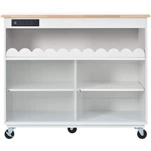 White Wood 44 in. Kitchen Island with Drop Leaf LED Light Wheels Power Outlets 2 Sliding Fluted Glass Doors Cabinet