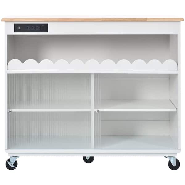 Unbranded White Wood 44 in. Kitchen Island with Drop Leaf LED Light-Wheels Large Kitchen Island Cart with 2 Cabinet 1-open Shelf