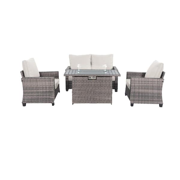 4-Piece Modern Wicker Outdoor Patio Conversation Sofa Seating Set with Metal Fire Pit and Beige Cushions