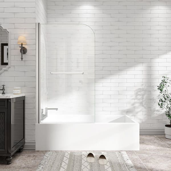 31 to 32 in. W x 55 in. H Pivot Frameless Tub Door in Brushed Nickel with Clear Tempered Glass