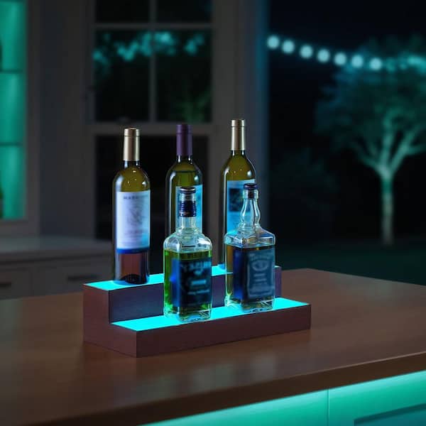 LED Lighted Liquor Bottle Display, 2-Tier 16 In., Supports USB, with RF Remote & App Control, 7 Colors(8 Bottles)